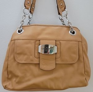 Liz Claiborne Leather Tan Bag Zipper Divided x2 3 Interior/2 Exterior Pockets